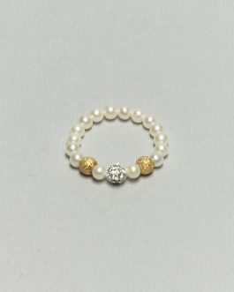 Anello elastico di Perle Bianche d’Acqua Dolce con sfera in resina con strass bianchi e sfere diamantate in Argento