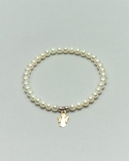 Bracciale elastico di Perle Bianche d’Acqua Dolce con angelo custode in Argento