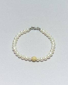 Bracciale di Perle Bianche d’Acqua Dolce con sfera diamantata in Argento