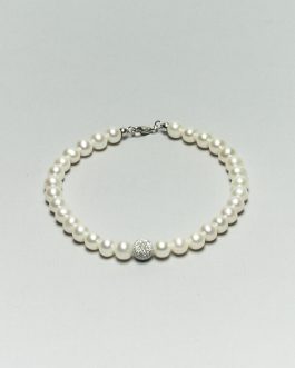 Bracciale di Perle Bianche con sfera diamantata in Oro bianco, con coppiglie
