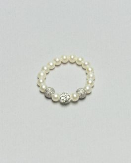Anello elastico di Perle Bianche d'Acqua Dolce con sfera in resina con strass bianchi e sfere diamantate in Argento