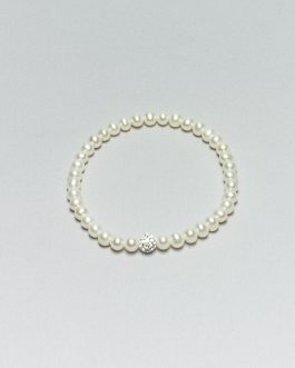 Bracciale elastico di Perle Bianche d’Acqua Dolce con sfera in resina e strass