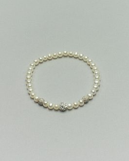 Bracciale elastico di Perle Bianche con sfera in resina con strass bianchi e sfere diamantate in Argento