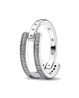 PANDORA JEWELS Mod. SIGNATURE LOGO & PAVE DOUBLE BAND - RING - Size 52 ***SPECIAL PRICE***